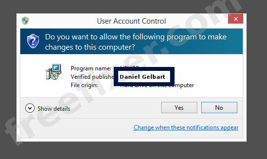 Screenshot where Daniel Gelbart appears as the verified publisher in the UAC dialog